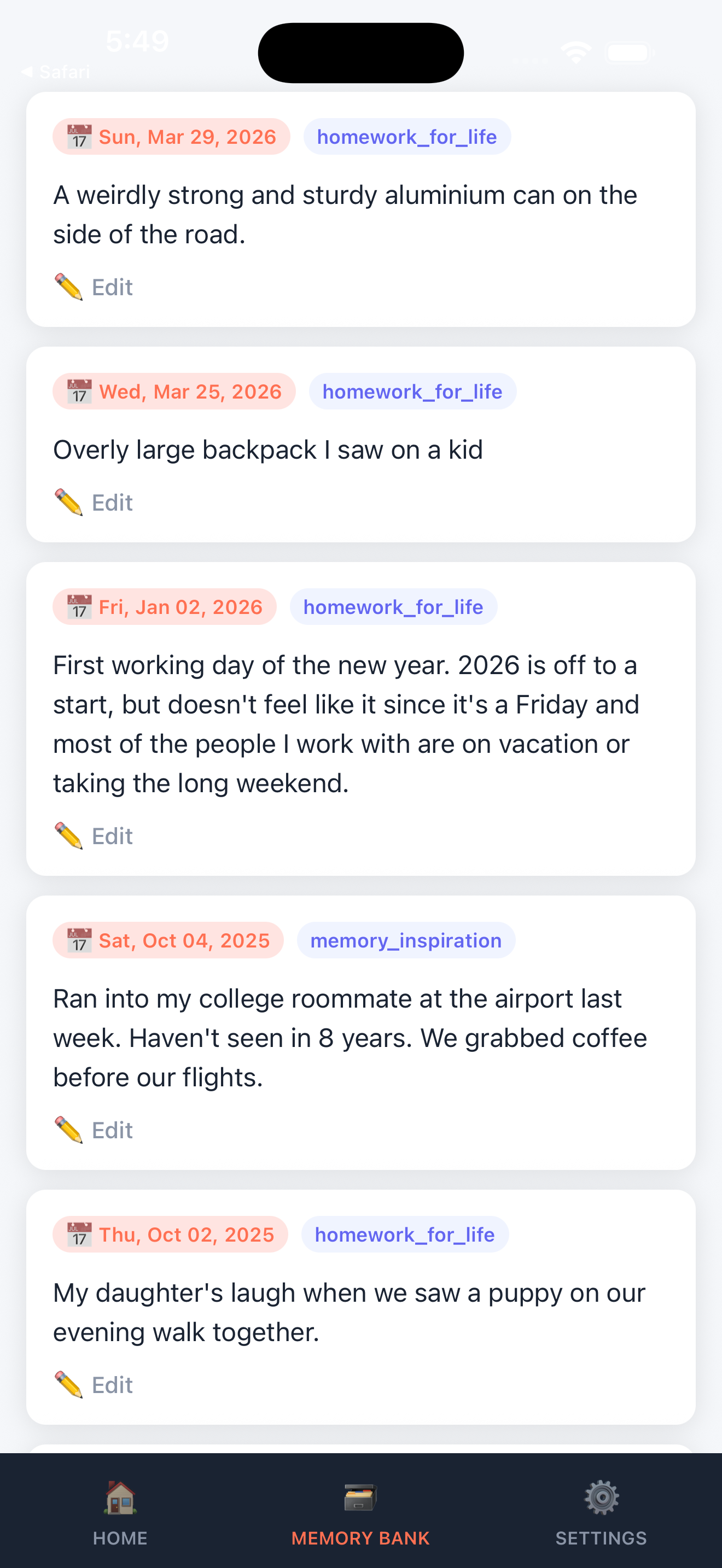 StoryCoach Memory Bank on iPhone — a list of saved story-worthy moments